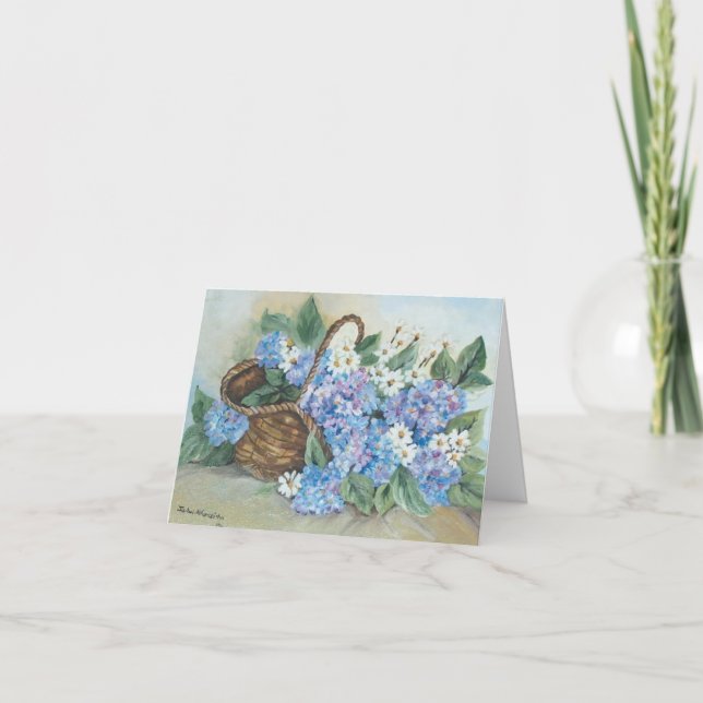 Carte De Remerciements Panier d'anniversaire avec hydrangées bleues (Devant)