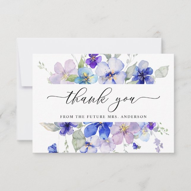 Carte De Remerciements Pansies florales de lavande marine Fête des mariée (Devant)