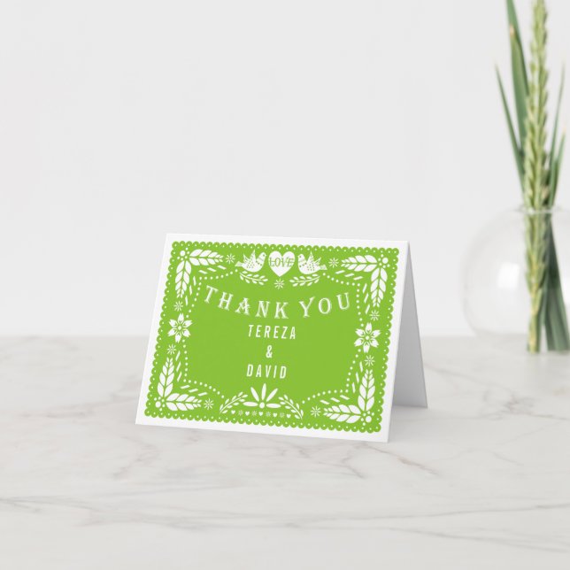 Carte De Remerciements Papel picado love birds green wedding Thank (Devant)