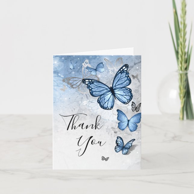 Carte De Remerciements Papillon bleu bébé argenté photo élégante plié (Devant)
