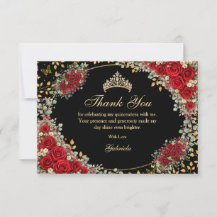 Carte De Remerciements Papillon doré noir et rouge Quinceañera
