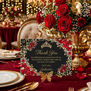 Carte De Remerciements Papillon doré noir et rouge Quinceañera