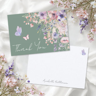 Carte De Remerciements Papillon Fleur Sauvage Vert Sauge
