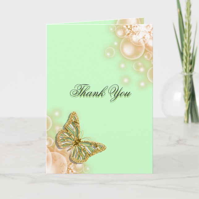 Carte De Remerciements Papillon mariage beige vert (Devant)