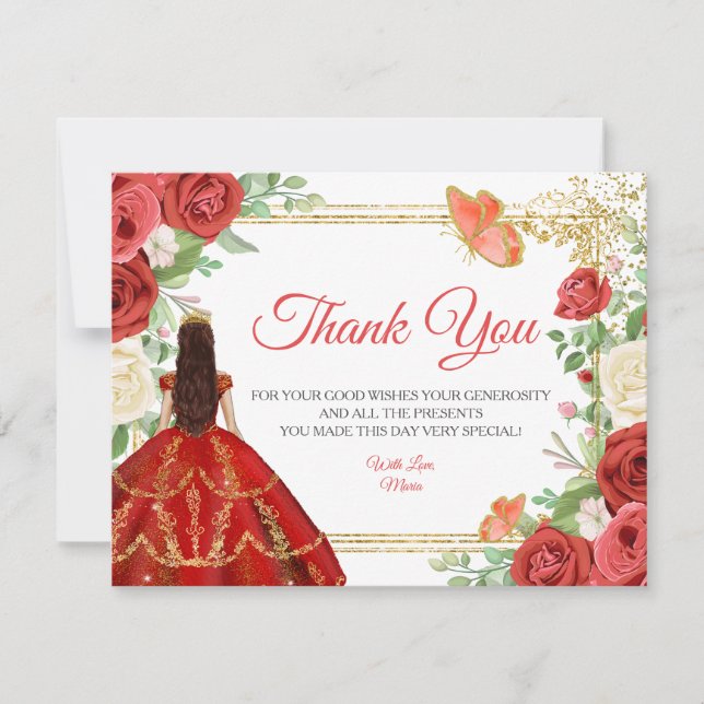 Carte De Remerciements Papillon Quinceanera des Roses rouges mexicaines (Devant)