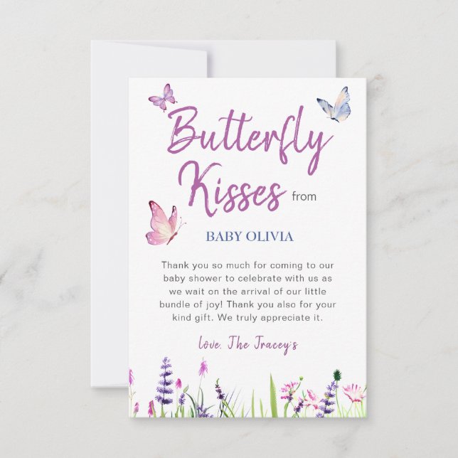 Carte De Remerciements Papillon rose mou Purple Baby shower fille (Devant)