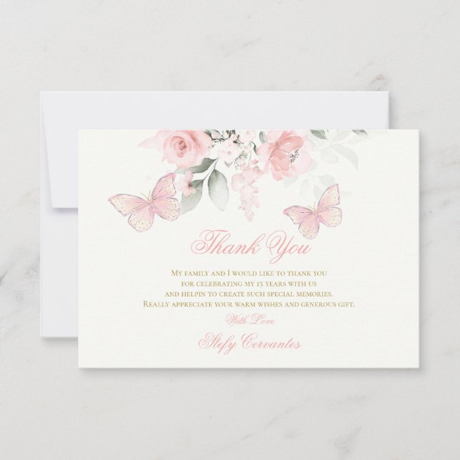 Carte De Remerciements Papillon rose Quinceañera (Devant)