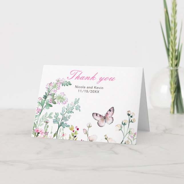 Carte De Remerciements Papillon vert floral mariage de printemps (Devant)