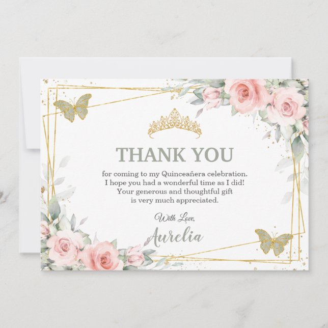 Carte De Remerciements Papillon vert rose pâle quinceañera (Devant)