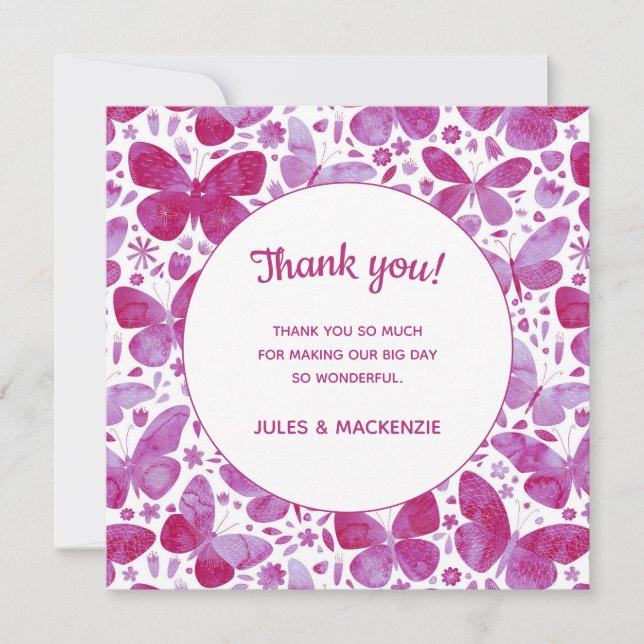Carte De Remerciements Papillons Aquarelle Magenta Mariage rose (Devant)
