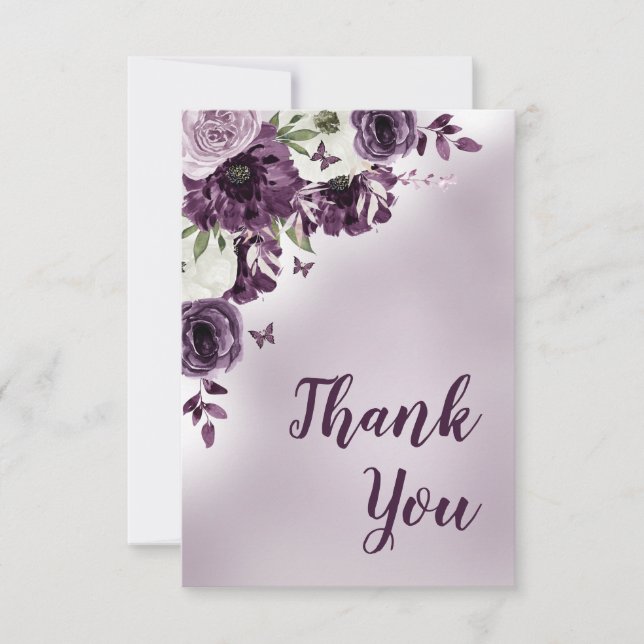 Carte De Remerciements Papillons aux fleurs blanches violettes Anniversai (Devant)
