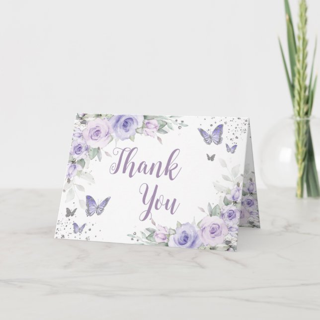 Carte De Remerciements Papillons floraux mauve doux Silver Quinceañera (Devant)