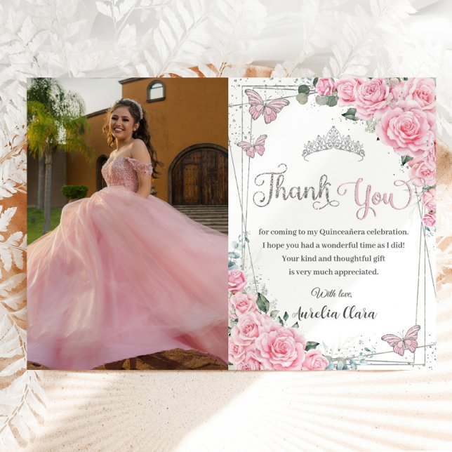 Carte De Remerciements Papillons floraux roses doux 16 Quinceañera Photo (Créateur téléchargé)