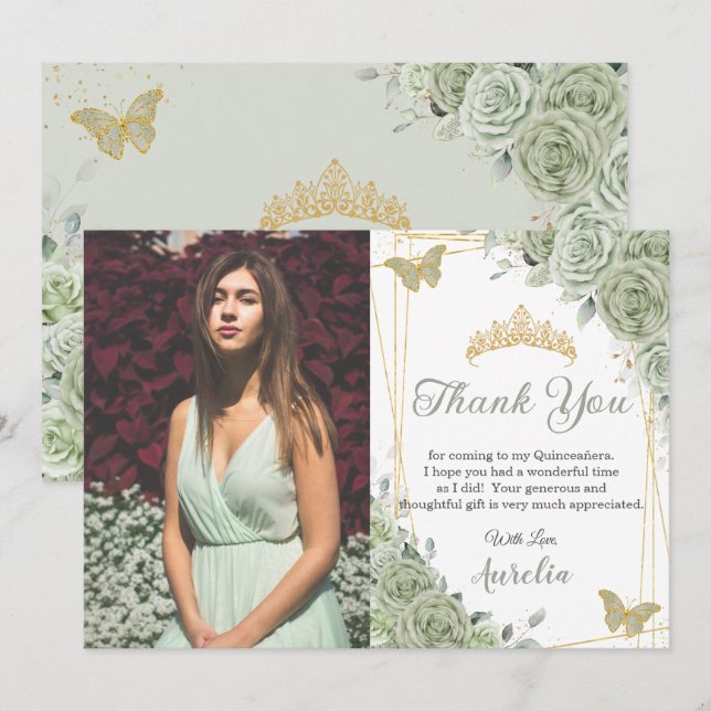Carte De Remerciements Papillons floraux verts Sage Quinceañera Photo (Devant / Derrière)