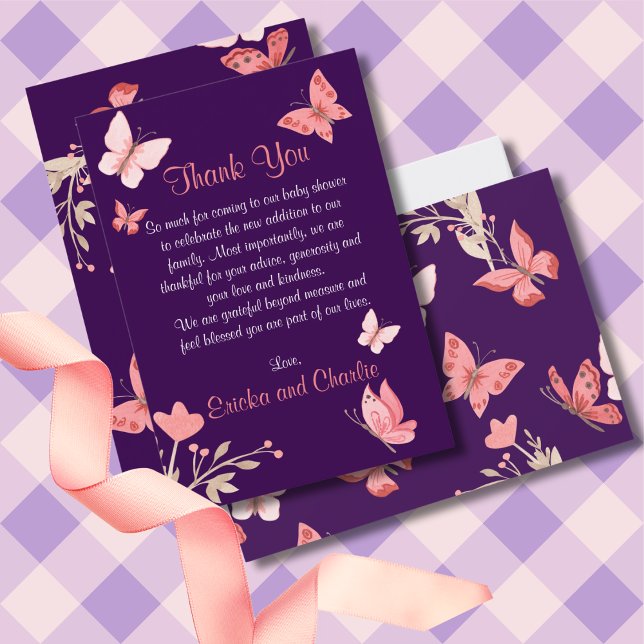 Carte De Remerciements Papillons rose Floral Violet Baby shower (Créateur téléchargé)