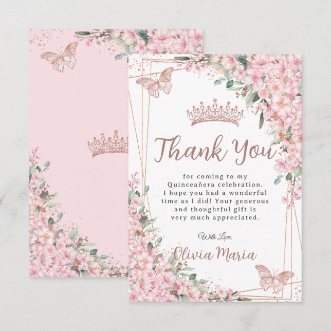 Carte De Remerciements Papillons Roses en fleurs de cerisier Quinceañera (Devant / Derrière)