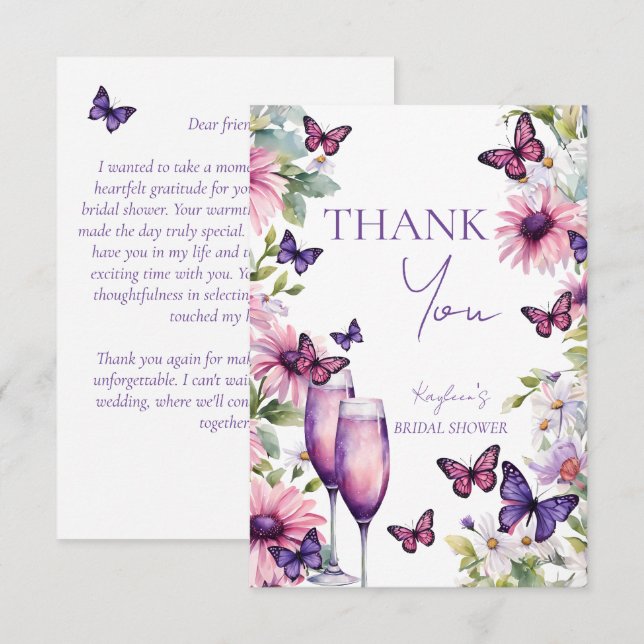 Carte De Remerciements Papillons shower de mariage violet (Devant / Derrière)