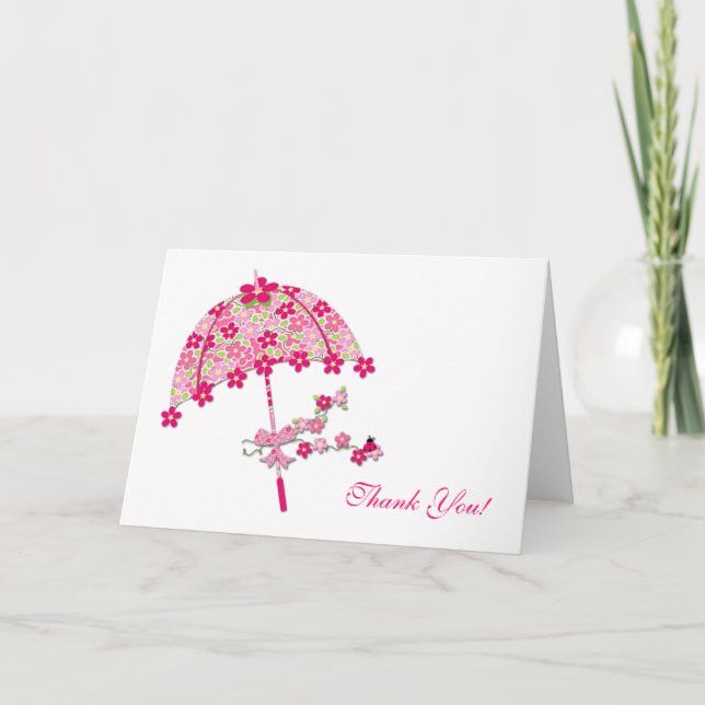 Carte De Remerciements Parapluie Floral Rose, Réception de Mariage (Devant)