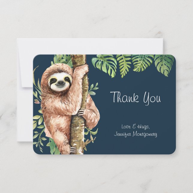 Carte De Remerciements Paresseux aquarelle mignon & feuilles tropicales (Devant)
