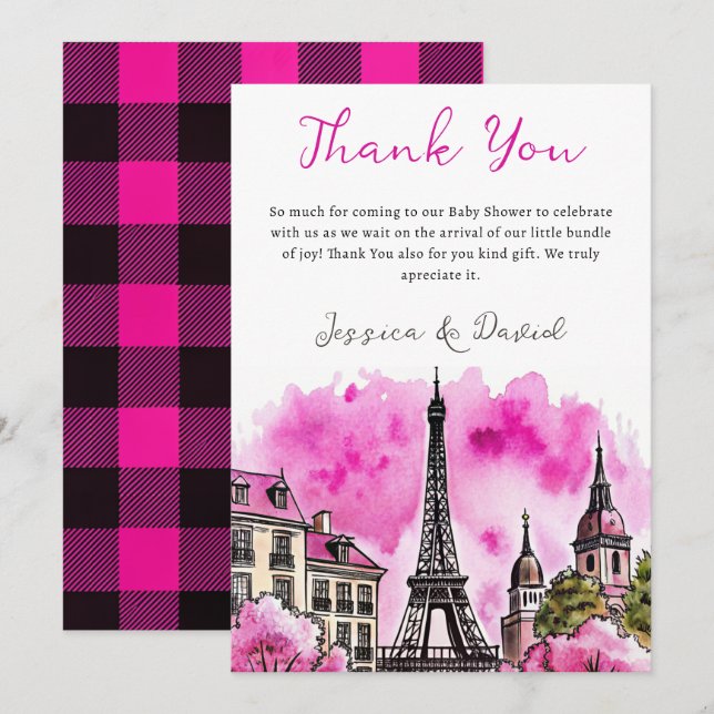 Carte De Remerciements Paris Français Bonjour Bebe Baby shower noir rose (Devant / Derrière)