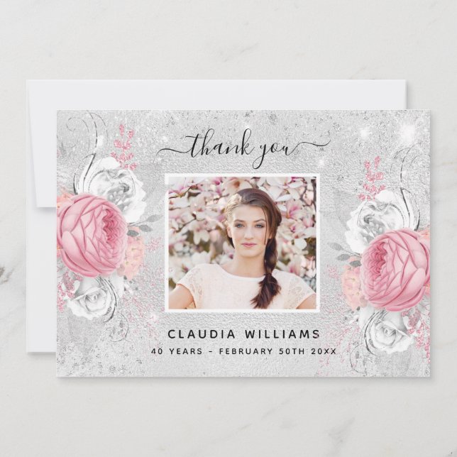 Carte De Remerciements Parties scintillant d'anniversaire rose floral pho (Dos)