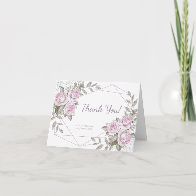 Carte De Remerciements Parties scintillant d'argent floral pourpre (Devant)