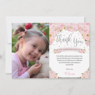 Carte De Remerciements Parties scintillant d'argent florale rose pâle pho