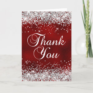 Carte De Remerciements Parties scintillant d'argent Fond en verre rouge f