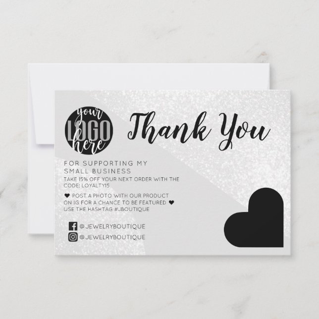 Carte De Remerciements Parties scintillant d'argent Geo Heart Logo du cli (Devant)
