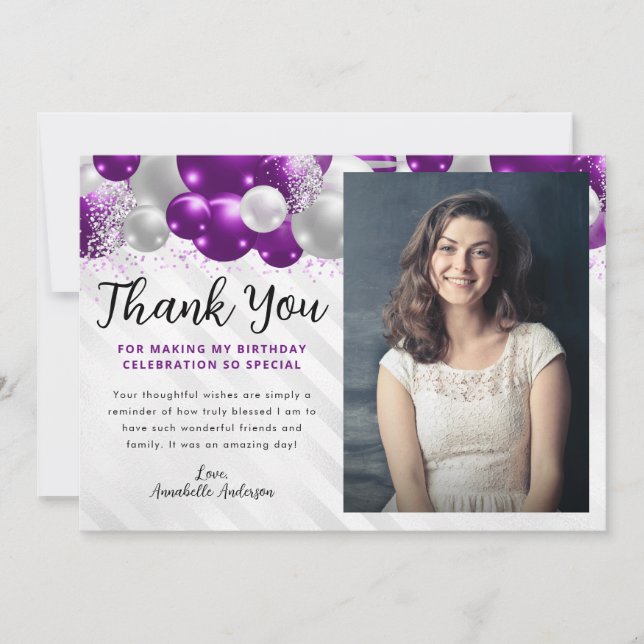 Carte De Remerciements Parties scintillant de ballons d'argent violet pho (Devant)