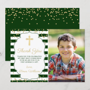 Carte De Remerciements Parties scintillant d'or Green Striped First Commu