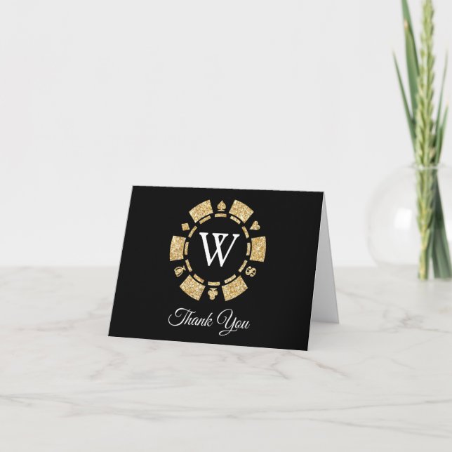 Carte De Remerciements Parties scintillant d'or Monogram Poker Chip Casin (Devant)