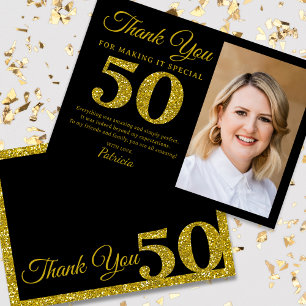 Carte De Remerciements Parties scintillant d'or noir 50e anniversaire Mer