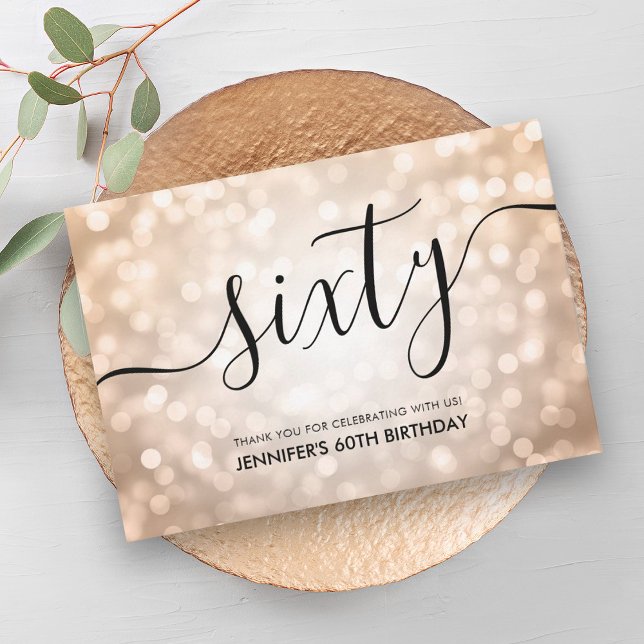 Carte De Remerciements Parties scintillant d'or rose Lumières 60e anniver (Rose Gold Glitter Lights 60th Birthday Thank You)