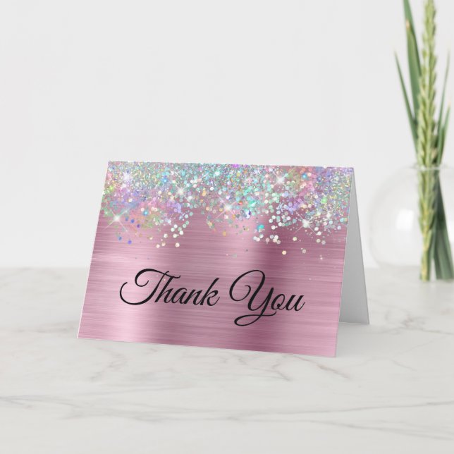 Carte De Remerciements Parties scintillant Fille Rose Foil Holo (Devant)