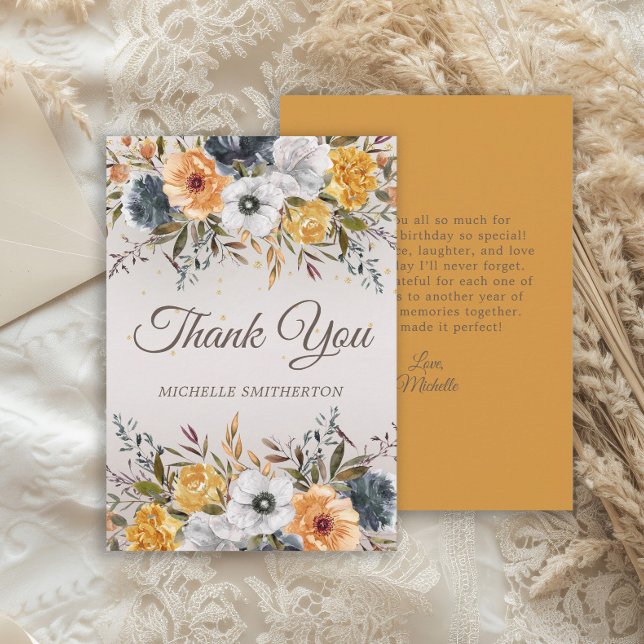 Carte De Remerciements Parties scintillant florale bleu de la marine jaun (Elegant mustard yellow and navy blue watercolor floral birthday party thank you card)