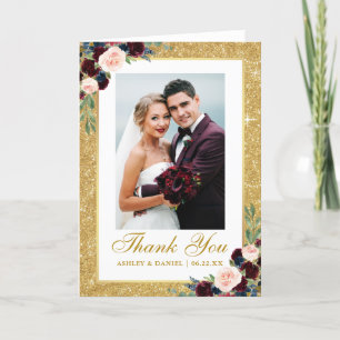 Carte De Remerciements Parties scintillant mariage or Bourgogne bleu flor