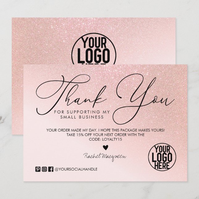 Carte De Remerciements Parties scintillant or rose Blush Pink Client Busi (Devant / Derrière)