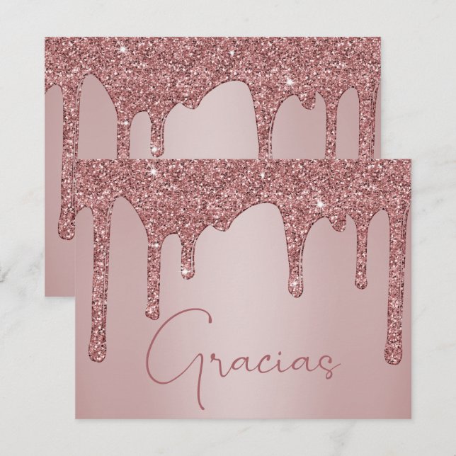 Carte De Remerciements Parties scintillant rose à goutte d'or Quinceanera (Devant / Derrière)