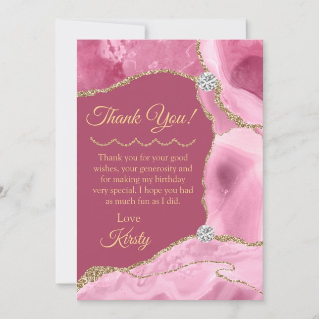 Carte De Remerciements Parties scintillant rose et or Agate Anniversaire (Devant)