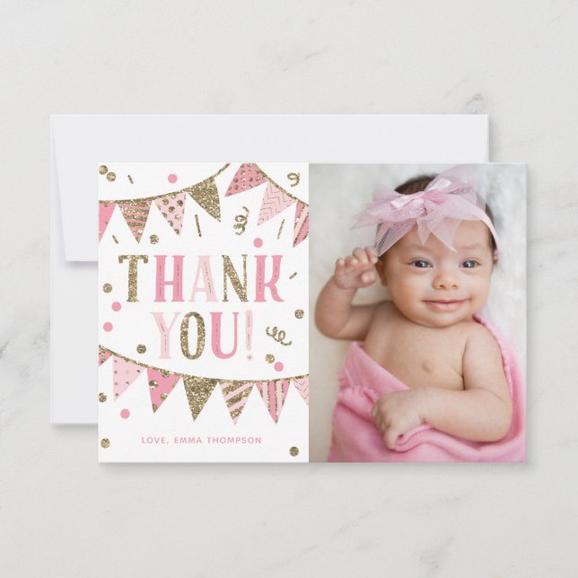Carte De Remerciements Parties scintillant rose et or photo Anniversaire  (Devant)