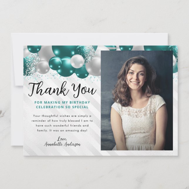 Carte De Remerciements Parties scintillant turquoise de ballons d'argent  (Devant)