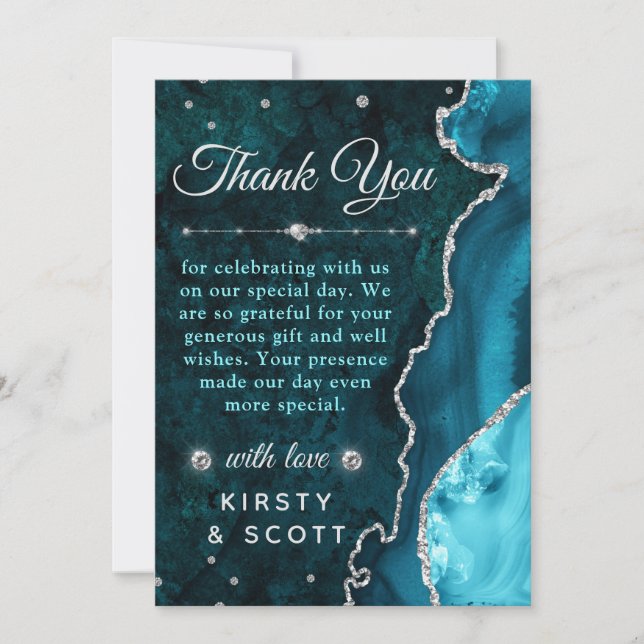 Carte De Remerciements Parties scintillant turquoise et argent Agate et M (Devant)