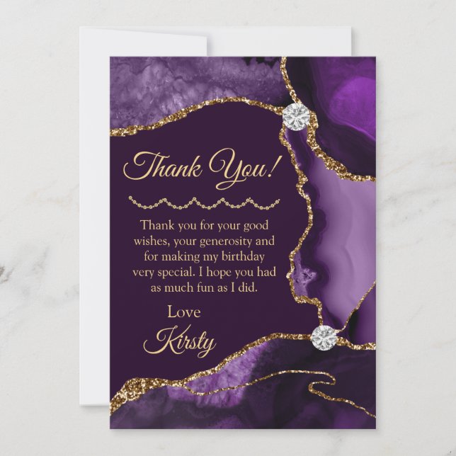 Carte De Remerciements Parties scintillant violet et or Agate Anniversair (Devant)