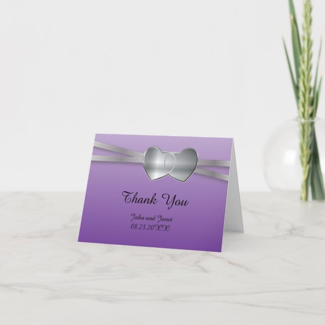 Carte De Remerciements Passion Purple et Argent Mariage Coeurs d'amour (Devant)