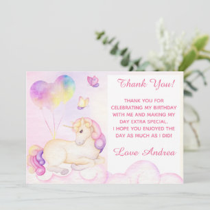 Carte De Remerciements Pastel Aquarelle Unicorne Et Ballons