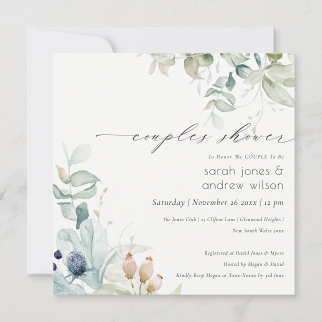 Carte De Remerciements Pastel Blue Green Foliage Couples Douche Invitatio (Devant)