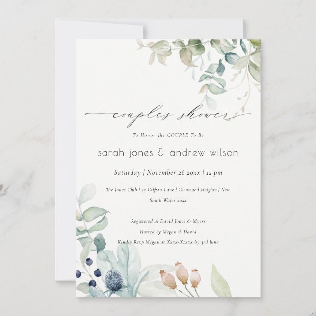 Carte De Remerciements Pastel Blue Green Foliage Couples Douche Invitatio (Devant)