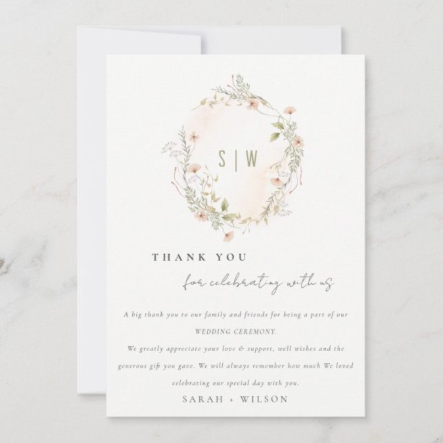 Carte De Remerciements Pastel Blush Fleur sauvage Floral Wreath Mariage (Devant)
