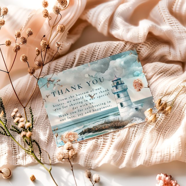 Carte De Remerciements Pastel Coastal Lighthouse Ocean Wedding (Créateur téléchargé)